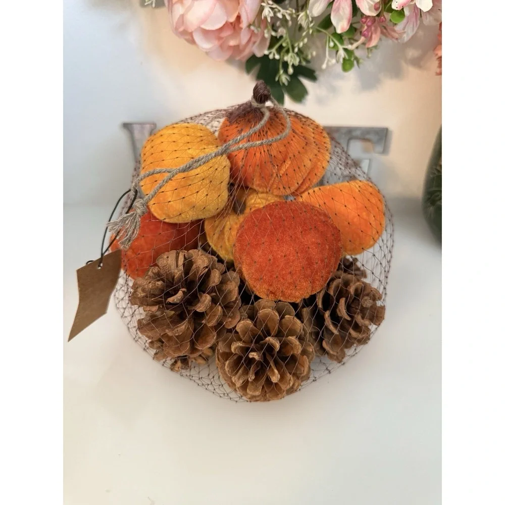 Fall 16 Pcs Velvet Pumpkin and Pinecones Net Bag Decoration Set Assort Sizes New